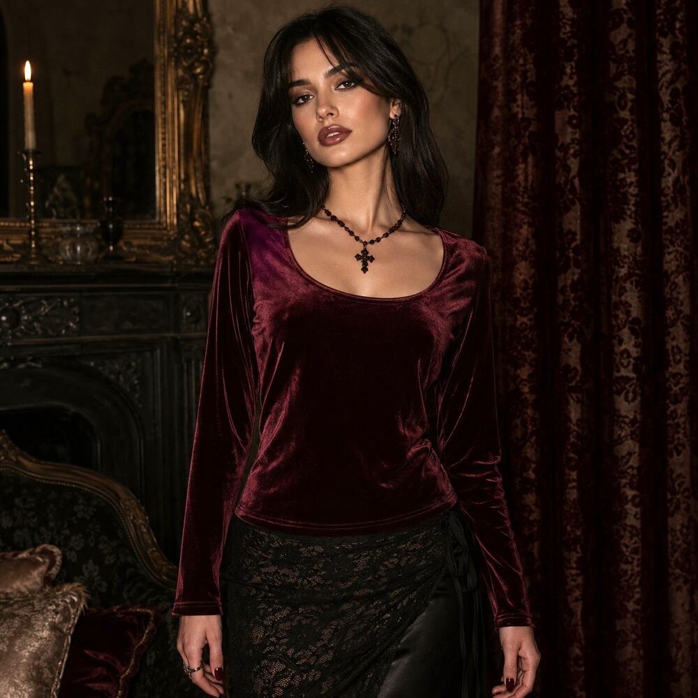 Vtg Gantos 90s Velvet Burgundy Long Sleeve Top Sz S Y2K Dark Romantic Holiday